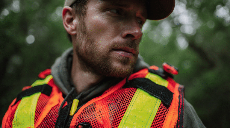 Safety Gear for Gold Panning Adventures A man wearing safety gear, including an orange and yellow safety vest and a cap, stands outdoors in a forested area, looking to the side.
