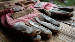 A pair of worn, dirty safety gloves for gold panning lie on a rough wooden surface, showing signs of heavy use.
