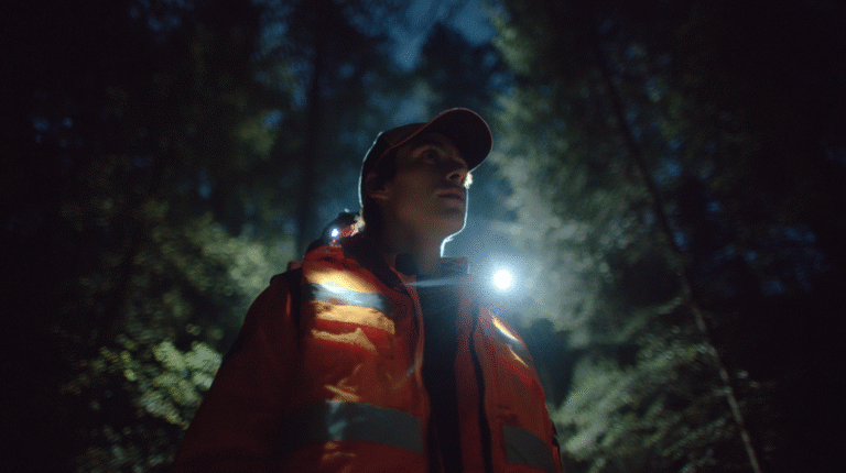 A person focused on risk minimization wears an orange safety vest and headlamp, standing in a dark forest at night, illuminated by artificial light.