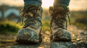 Close-up of a person wearing muddy Safety Boots for Fieldwork standing on a dirt path outdoors, with sunlight in the background.