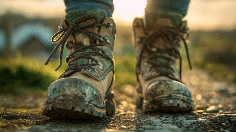 Close-up of a person wearing muddy Safety Boots for Fieldwork standing on a dirt path outdoors, with sunlight in the background.
