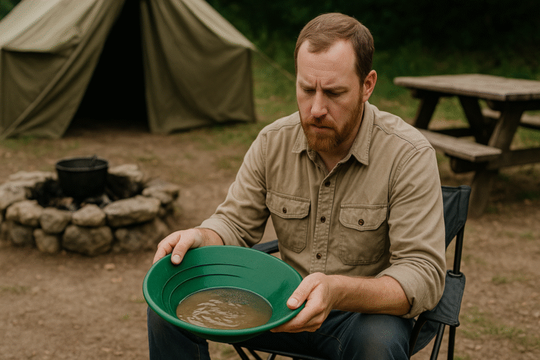 A man sits outside in front of a tent and campfire, setting up gold panning kits as he examines a green gold pan filled with muddy water.