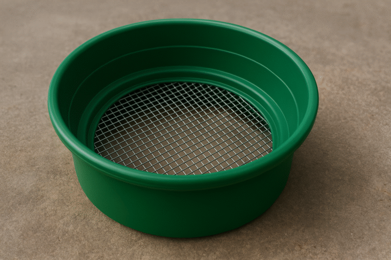 A green plastic sieve with a metal mesh screen, highlighting sifters and classifiers importance, is placed on a plain, brown surface.