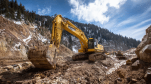 A large yellow excavator moves earth on a muddy construction site in a mountainous area with snow-covered trees in the background, carefully working toward preserving natural beauty.