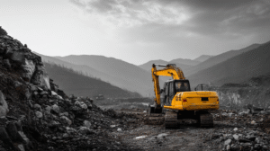 A yellow excavator sits on rocky terrain at a mining or construction site, surrounded by mountains under a cloudy sky, highlighting the environmental impact of such operations on the natural landscape.