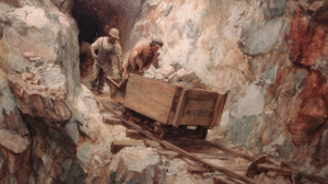 Two miners push a wooden cart filled with rocks along tracks inside a rocky, narrow mine tunnel, evoking scenes from the history of lode gold mining.