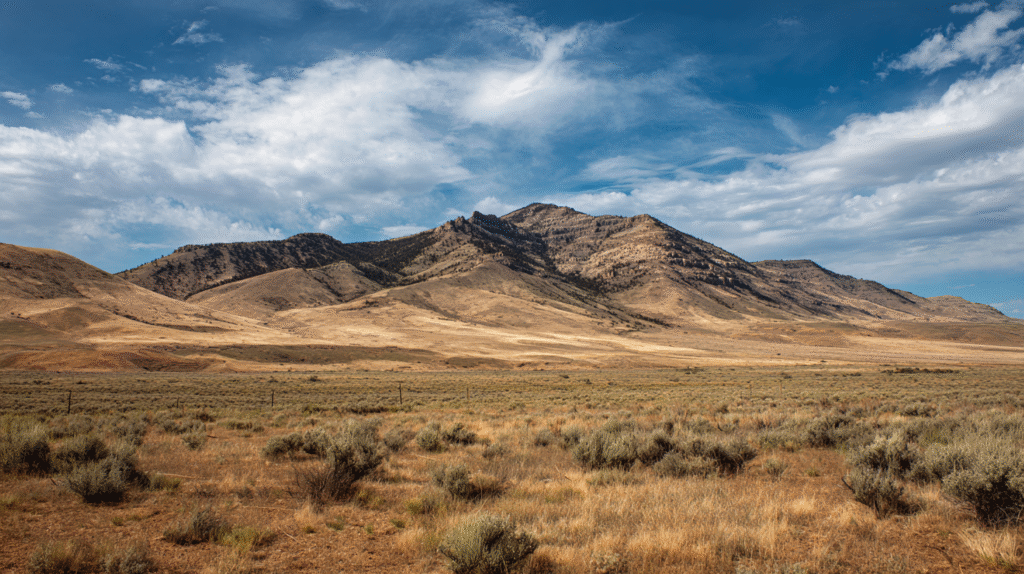 A dry, grassy plain with scattered shrubs stretches toward rugged, brown mountains under a partly cloudy blue sky, illustrating the landscapes where the role of BLM in gold mining shapes land management and resource use.