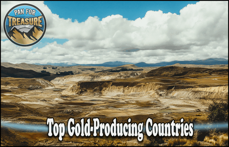 A wide view of rolling hills beneath a cloudy sky, featuring the text “Top Gold-Producing Countries” and the “Pan for Treasure” logo in the corner, highlights regions known for their rich gold resources.