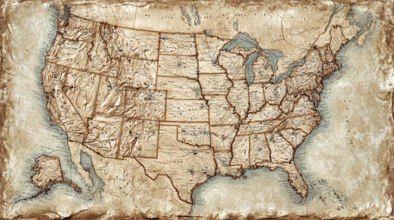 A vintage-style map of the United States shows state boundaries, major rivers, and mountain ranges with an aged, sepia-toned background—perfect for planning where to use your metal detector on your next treasure hunt.