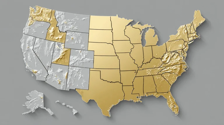 A 3D map of the United States with western states in silver and the rest in gold, highlighting state borders, geographic features, and Top Placer Gold Locations.