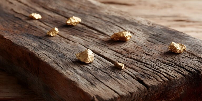 Small gold nuggets, often found in various types of gold deposits, are scattered on a rough wooden surface.