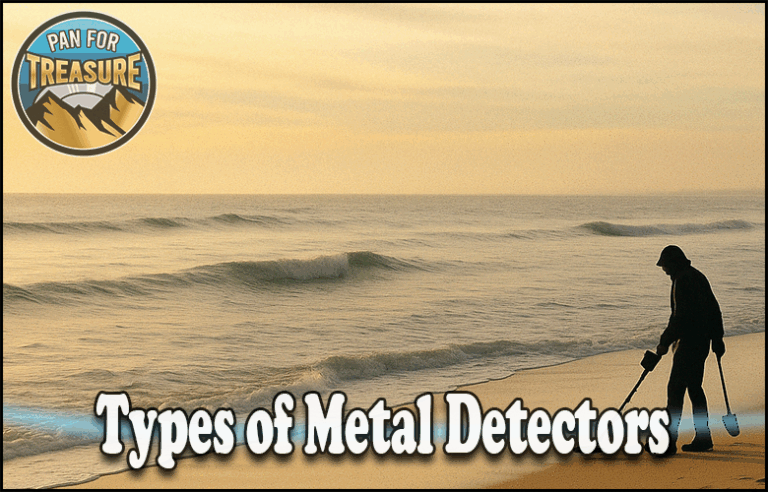 A person uses a metal detector on a sandy beach at sunset. The image features the text "Metal Detector Types" and a circular "Pan For Treasure" logo.