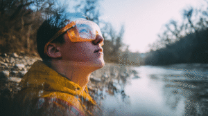 A person wearing orange goggles, part of essential safety gear for prospectors, is partially submerged in water and looking upward, with trees and a riverbank in the background.