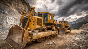 Two large yellow bulldozers parked on a rocky construction site, with mountains and a cloudy sky in the background—ideal machinery for projects involving Lode Gold Extraction Methods.