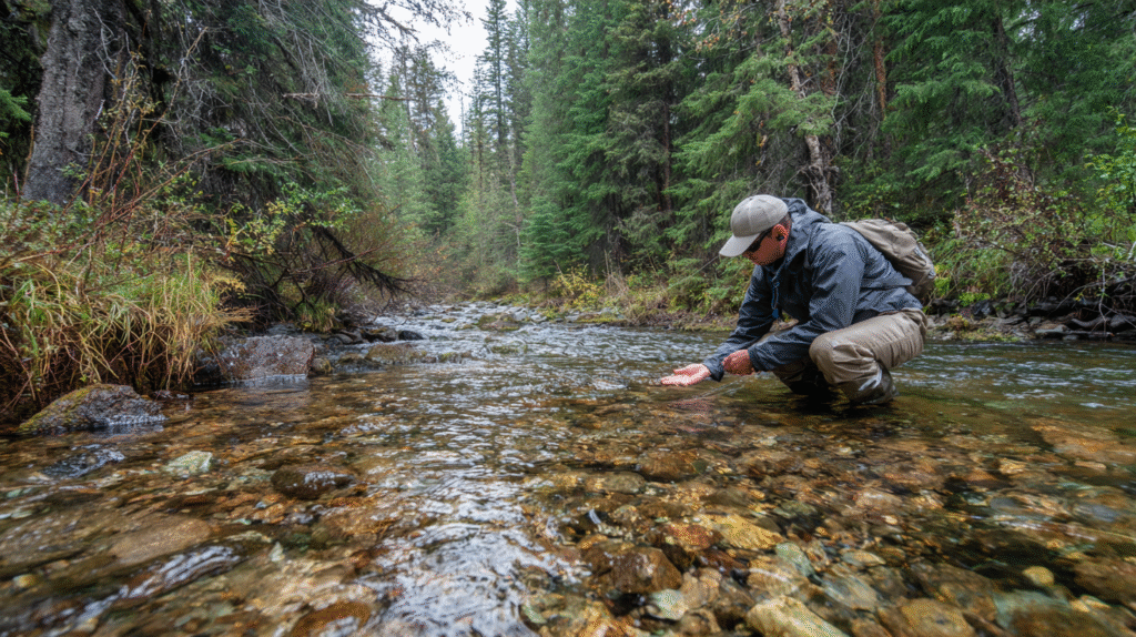 A person in outdoor clothing and a cap crouches by a clear forest stream, perhaps engaged in wetland gold prospecting, holding water in their hands and surrounded by rocks and dense evergreen trees.