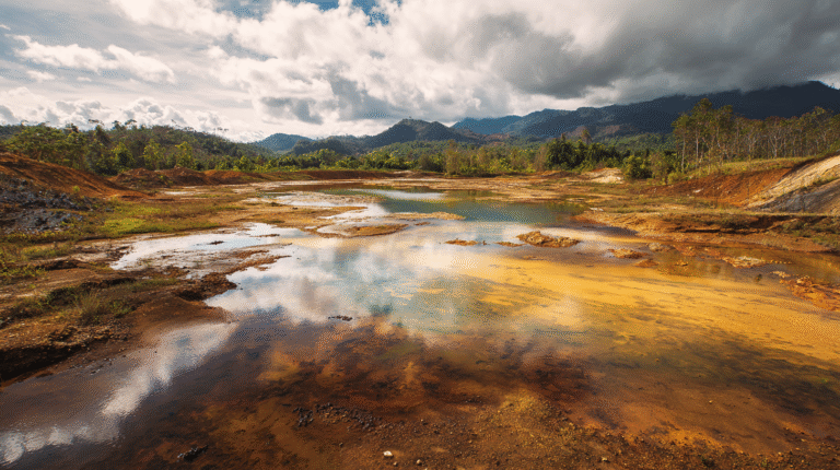 A landscape with shallow pools of water reflecting clouds, surrounded by bare and discolored soil—evidence of gold mining—set against forested mountains under a partly cloudy sky, highlighting the need for wetland protection.