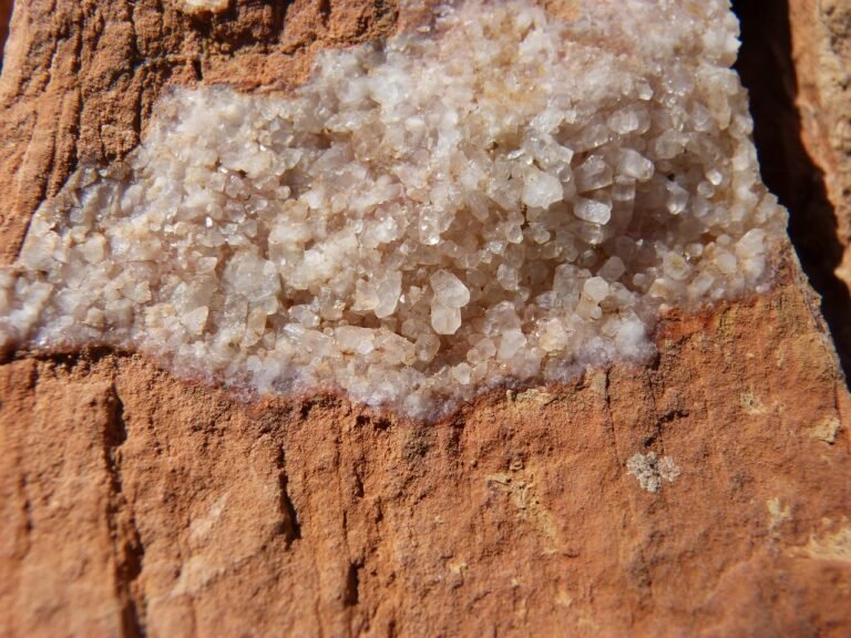 Close-up of a patch of translucent quartz crystals embedded in rough, reddish-brown rock. Quartz is one of the rocks that can indicate gold, making this formation especially intriguing for prospectors.