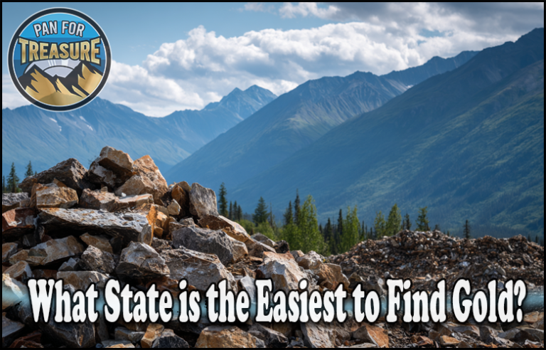 Rocky landscape with piles of stones before forested mountains, overlaid text asks: “What state is the easiest to find gold?” and a “Pan for Treasure” logo featured in the corner.