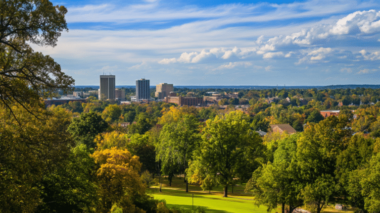 City skyline with several tall buildings in the distance, surrounded by trees in green and autumn hues under a partly cloudy sky—making you wonder, what state is the easiest to find gold among such landscapes?.
