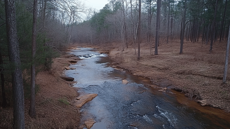 A calm, shallow river flows through a forest of leafless and evergreen trees on a cloudy day, brown grass covering the banks—an ideal setting for those wondering: what are signs of gold in a creek?.