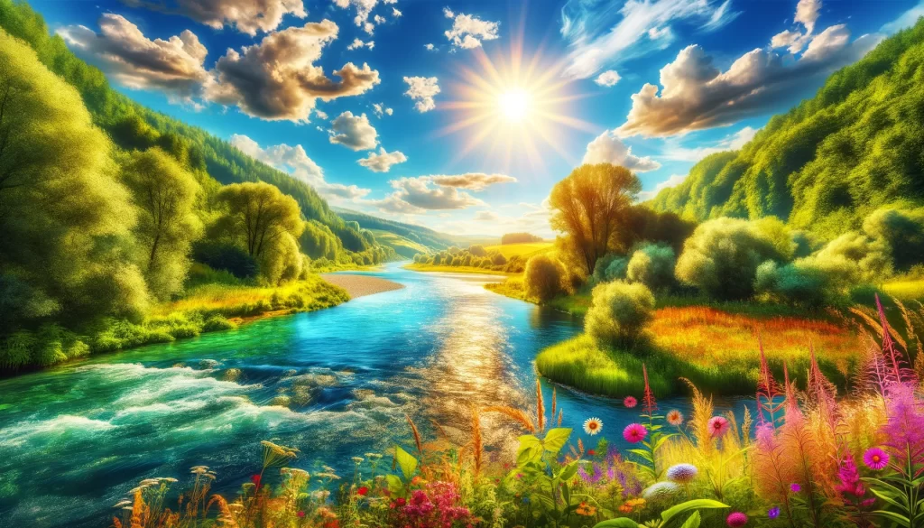 image of a river on a sunny summer day, showcasing a vibrant and scenic view