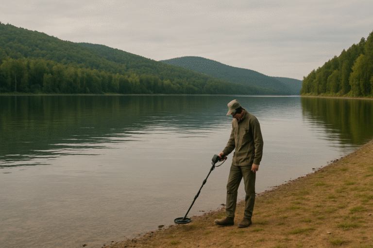 A person in outdoor clothing uses a metal detector on the shore of a calm lake, searching for valuable finds beyond gold, with forested hills and cloudy skies in the background.